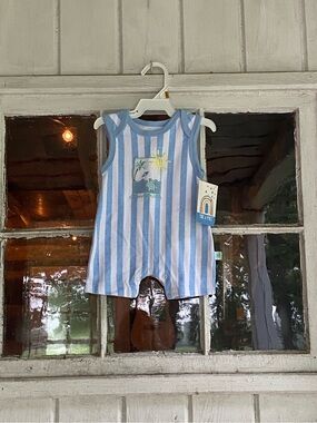 Blue & White Striped Baby Romper with Sun & Palm Graphic